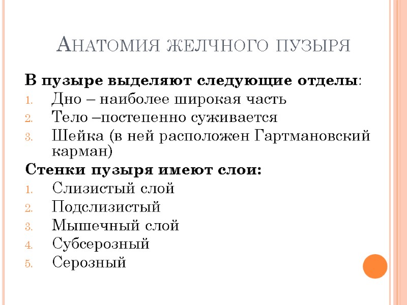 Анатомия желчного пузыря В пузыре выделяют следующие отделы: Дно – наиболее широкая часть Тело